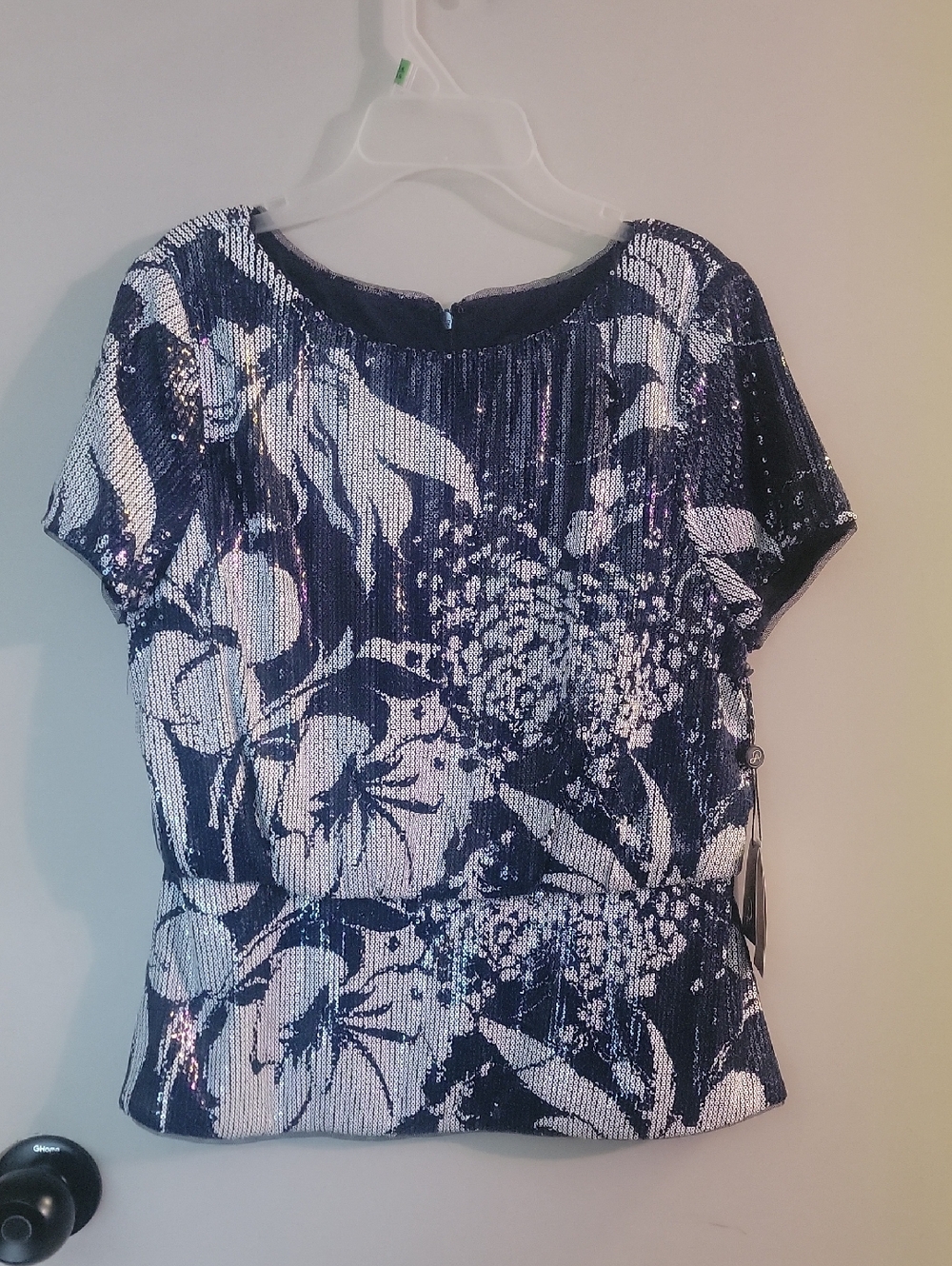 Adrianna Papell Navy and White Sequin Floral Short Sleeve Top